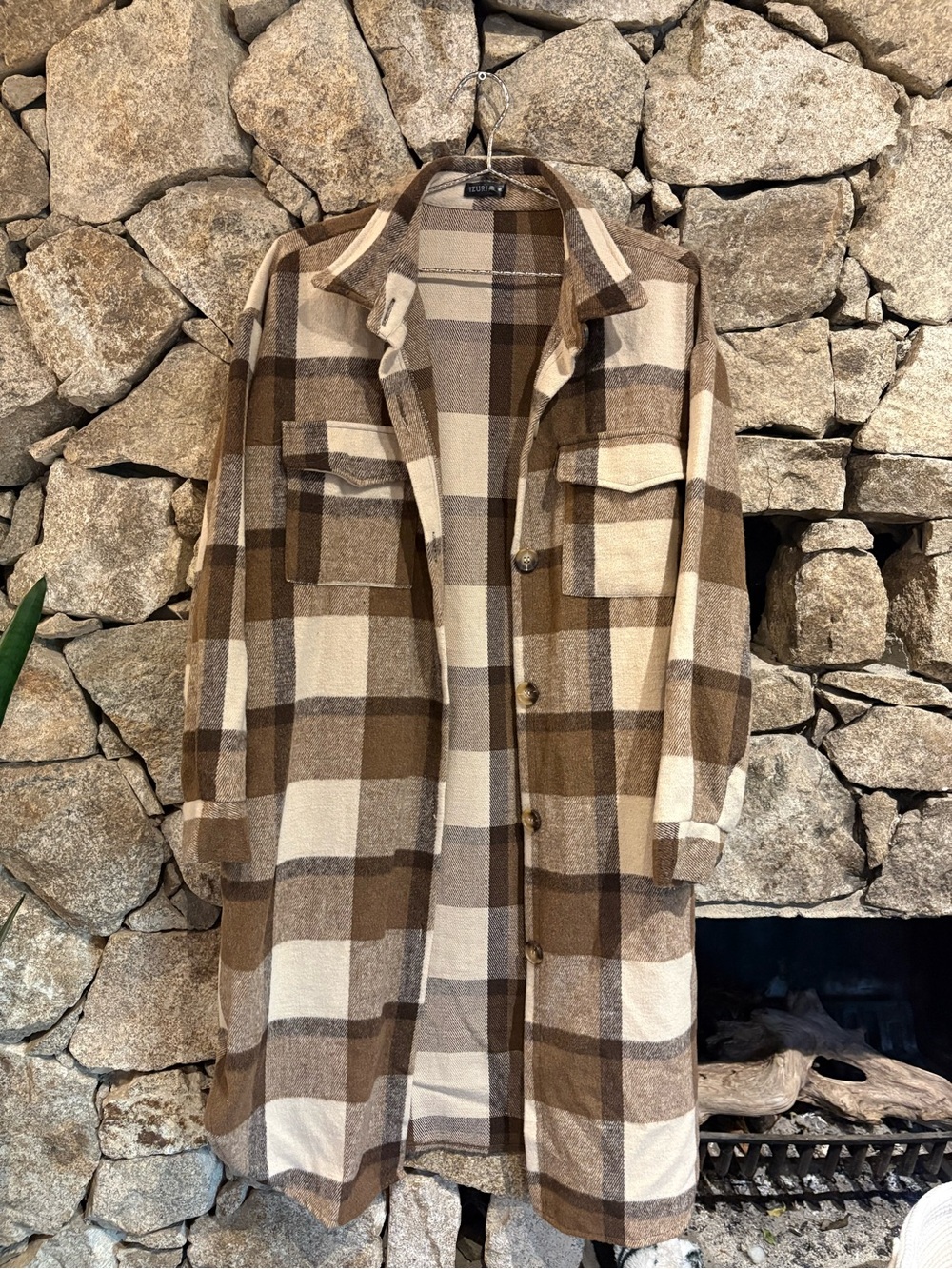 Women's Long Plaid Shacket in Brown and Cream